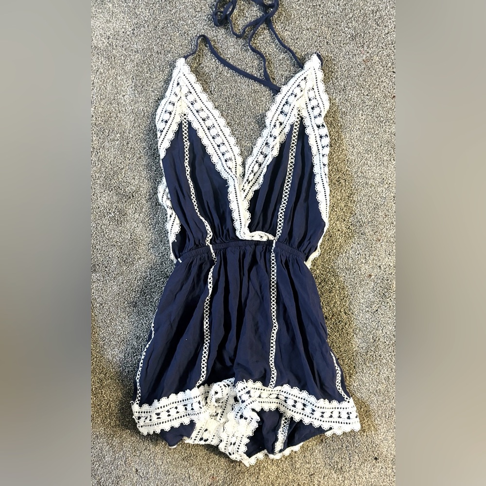 Navy and White Lace Trim Romper
